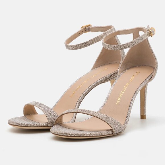 STUART WEITZMAN Nudist Heels Ankle Strap SANDALS Sz 9.5 Poudre Metallic NEW $525 - Picture 1 of 15